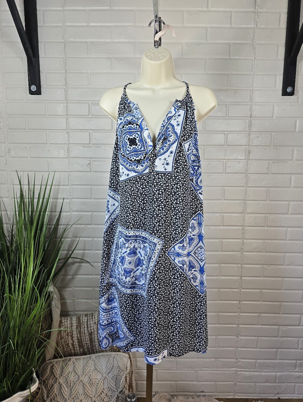 Skiea Are Blue Blue & Black Patchwork Print Sundress Size Large